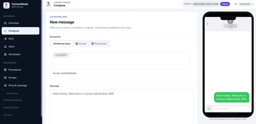 Compose screen with recipients, message box and live phone preview