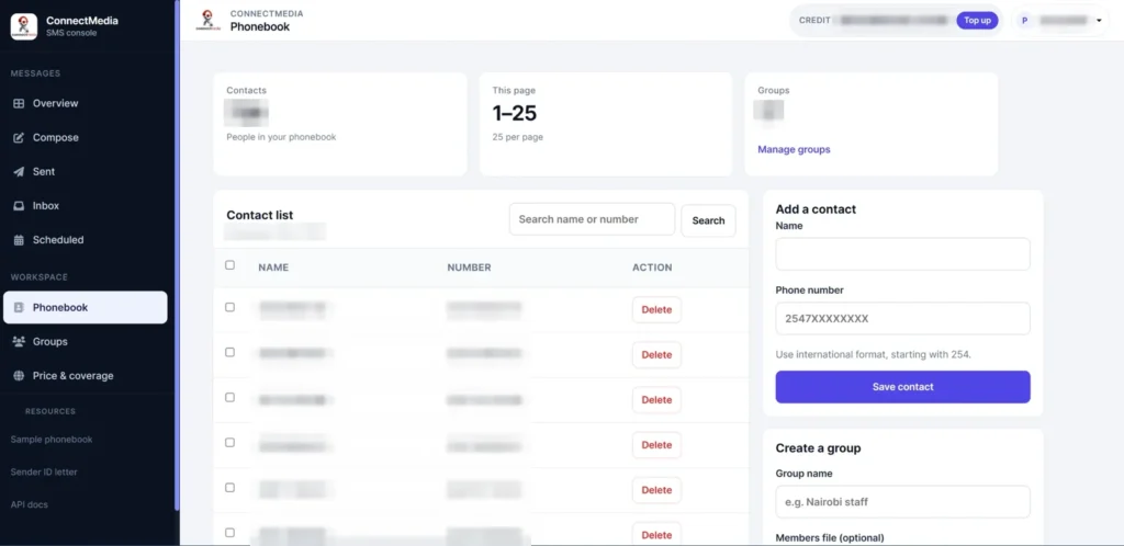 Phonebook with contact list, add contact and create group forms