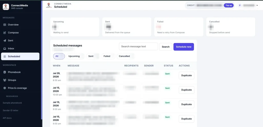 Scheduled messages list with upcoming, sent, failed and cancelled counts