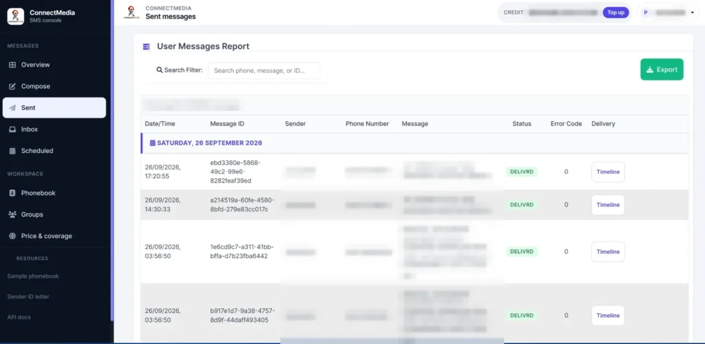 Connect Media sent messages report with delivery status for each SMS